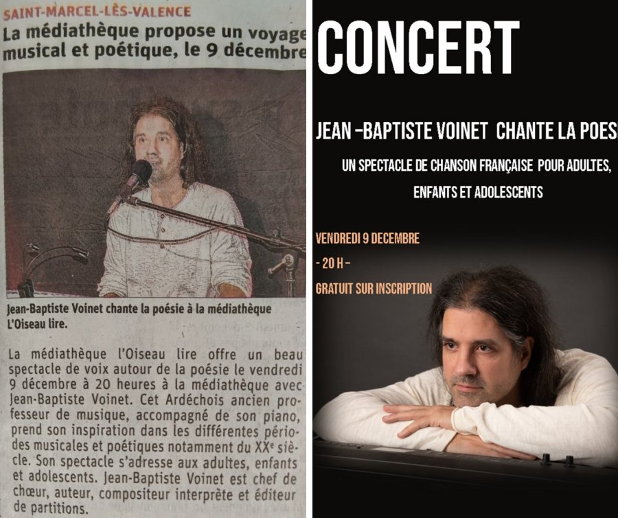 Jean-Baptiste Voinet chante la poésie à Saint-Marcel, coupure de journal et affiche